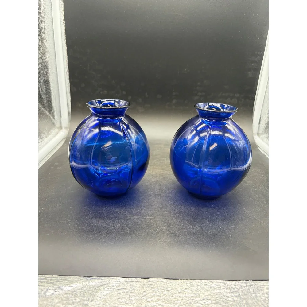 Vintage Cobalt Blue Glass Bud Vases Set of 2 Ribbed Round Optic Art Glass 4.5